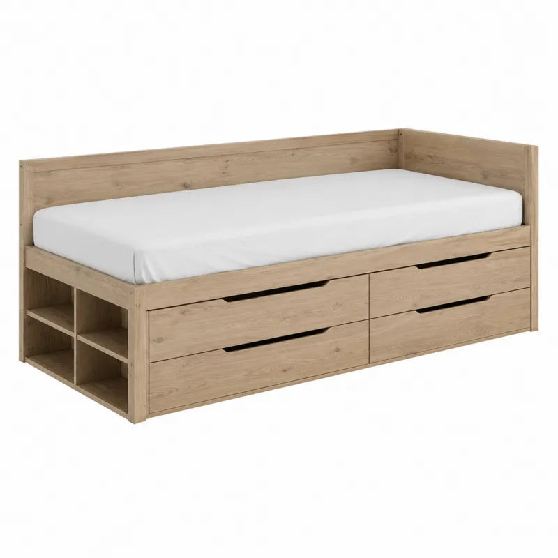 Łóżko dzienne z szufladami i półkami z drewna dębowego 200x90 cm