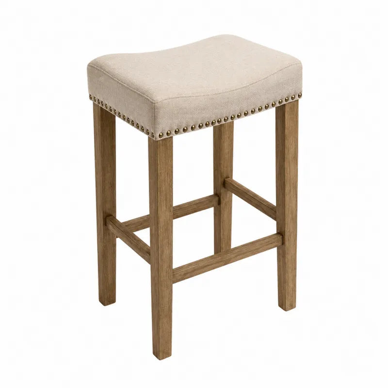 Stołek barowy lniany z dębową ramą, beżowy, 75 cm