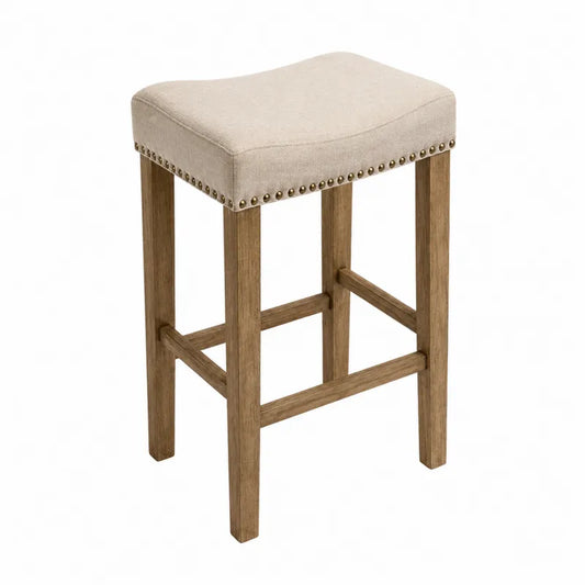 Stołek barowy lniany z dębową ramą, beżowy, 75 cm