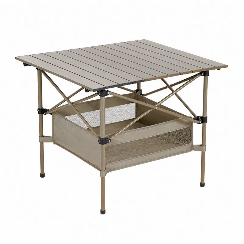 Składany stół aluminiowy z dodatkową półką 80x60x70 cm brązowy