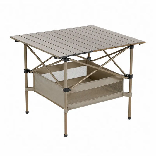 Składany stół aluminiowy z dodatkową półką 80x60x70 cm brązowy