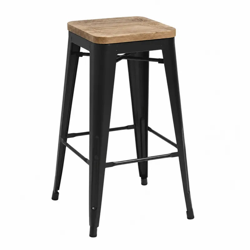 Metalowy taboret barowy z drewnianym siedziskiem czarny 75 cm