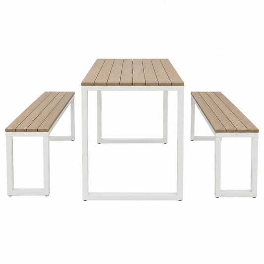 Zestaw mebli ogrodowych stół i ławki stal i kompozyt 150x90x75 cm biały brązowy