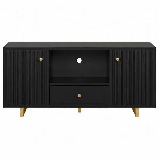 Czarna komoda MDF z metalowymi nogami i mosiężnymi uchwytami